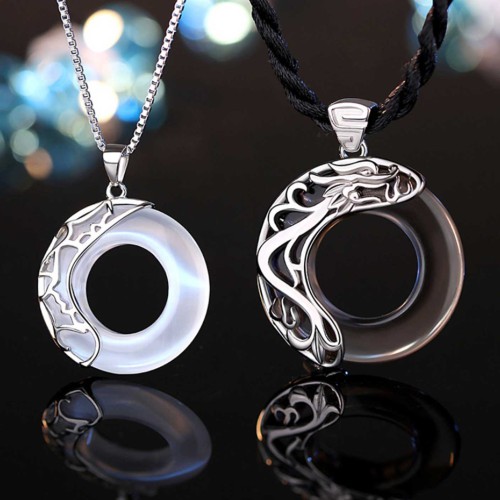 Obsidian Dragon and Opal Phoenix Couple Protection Necklace - Marriage Harmony & Home Safety
