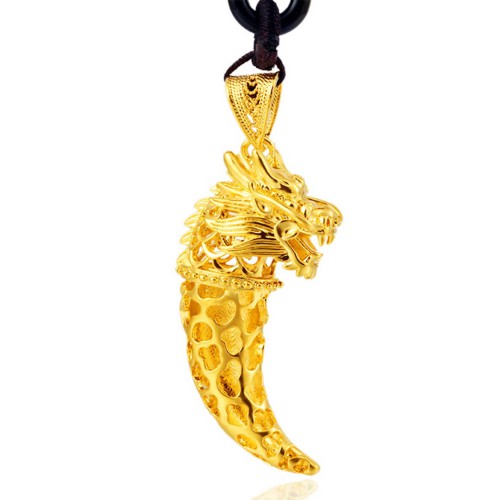 Lucky Golden Dragon Wolf Tooth Pendant Necklace - Courage & Opportunity Attraction