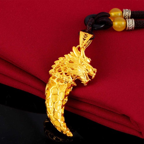 Lucky Golden Dragon Wolf Tooth Pendant Necklace - Courage & Opportunity Attraction
