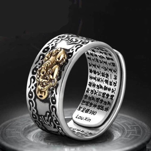 Mantra Engraved Pixiu Feng Shui Ring for Wealth and Protection