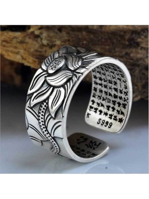 Buddhist Ring with Lotus and Heart Sutra