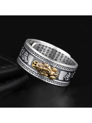 Mantra Engraved Pixiu Feng Shui Ring for Wealth and Protection